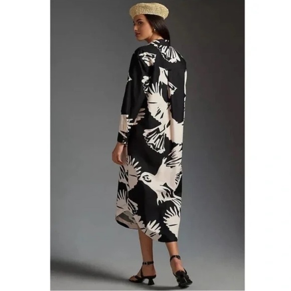 Anthropologie Maeve The Soren‎ Black White Bird Print Midi Shirt Dress XXS XS S - Picture 5 of 13